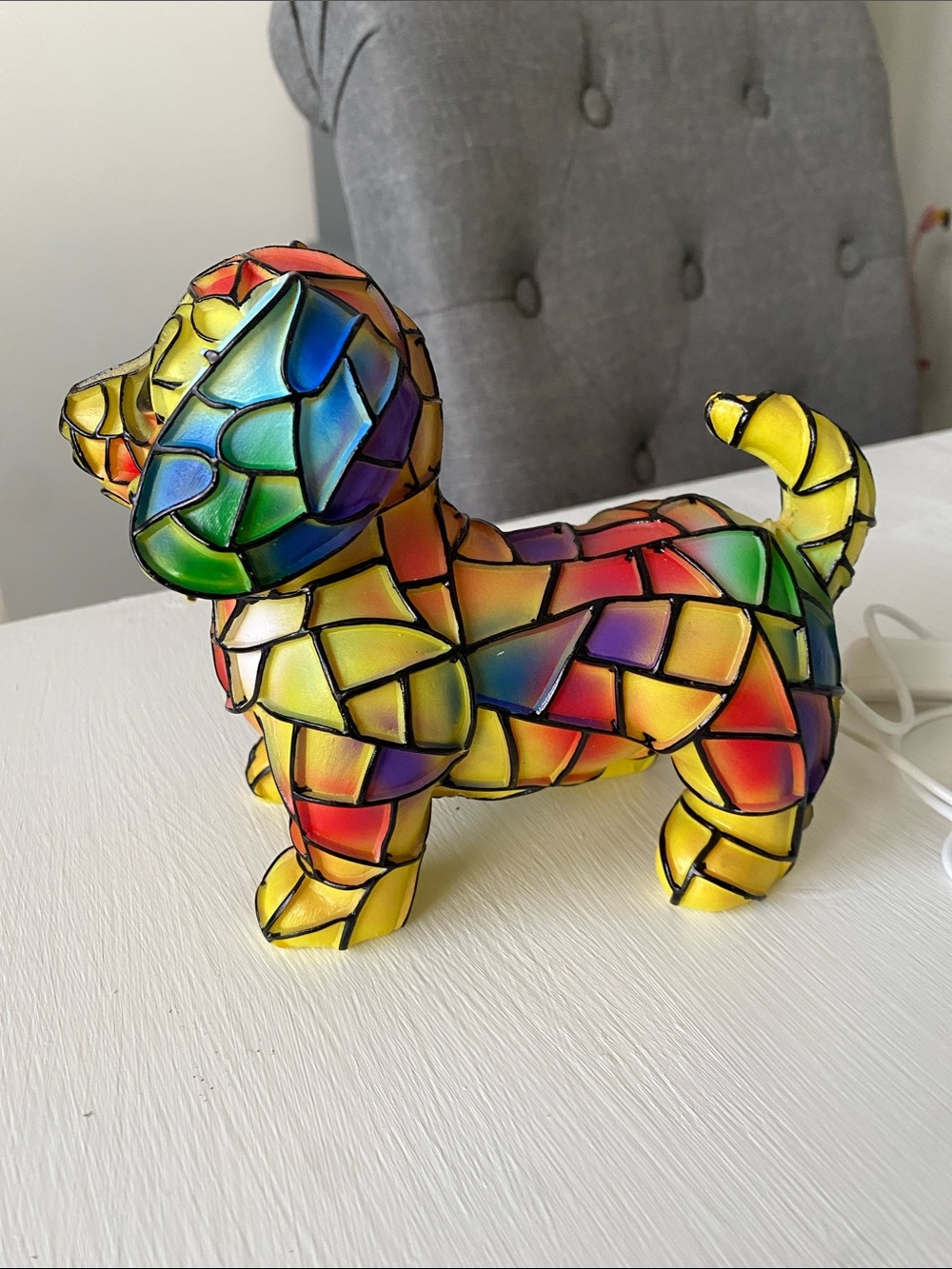 Tiffany Style Lamp Colorful Mosaic Dog Figurine LED Light, USB - Picture 5 of 11